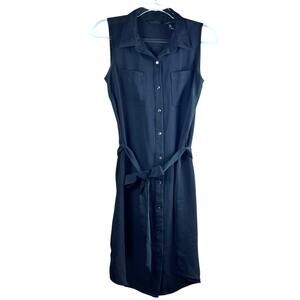 Adrienne Vittadini Black Belted Shirt Dress Sleeveless Button Front Size 4